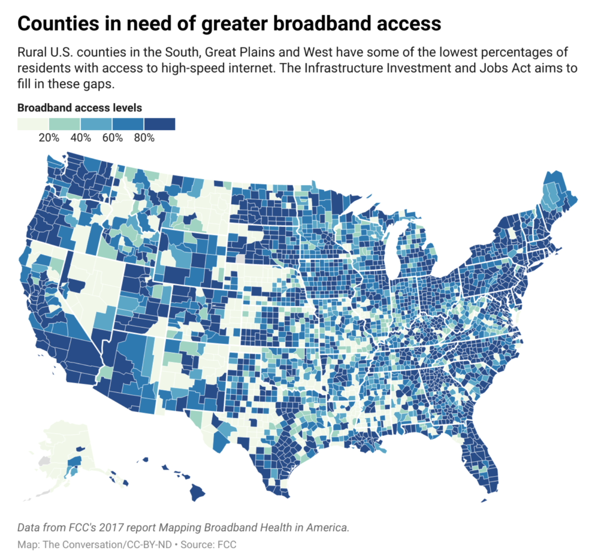 Map of US showing broadband coverage ahead of the investments from the Broadband Infrastructure Law. 